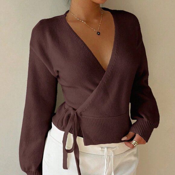 Chocolate Brown Casual Women's Wrap Tie Front Cardigan - Picture 6 of 7